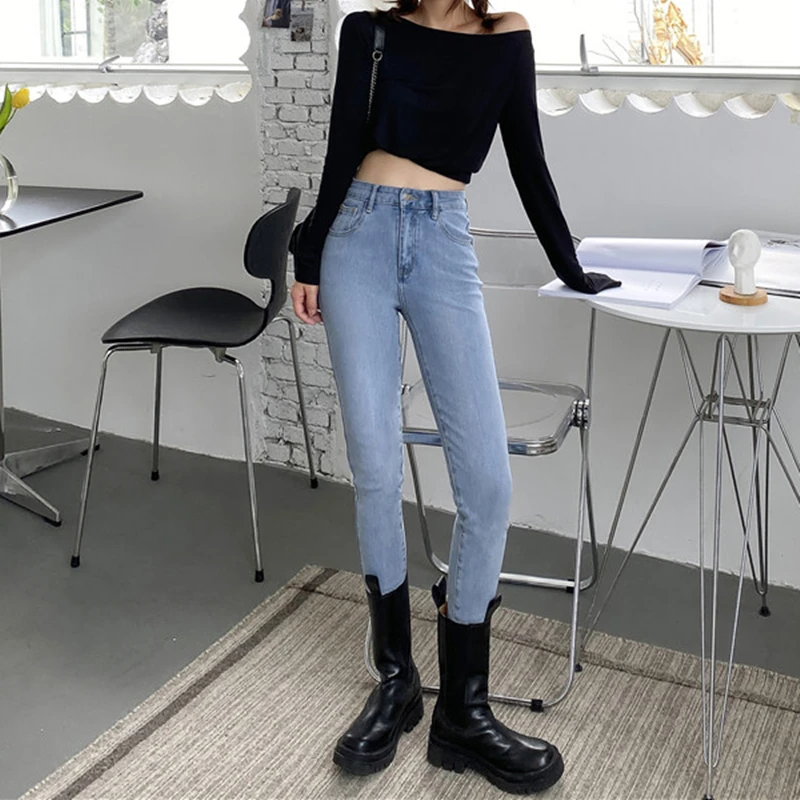 Женские винтажные растягивающиеся джинсы-карандаш с высокой талией 2021 пуговиц