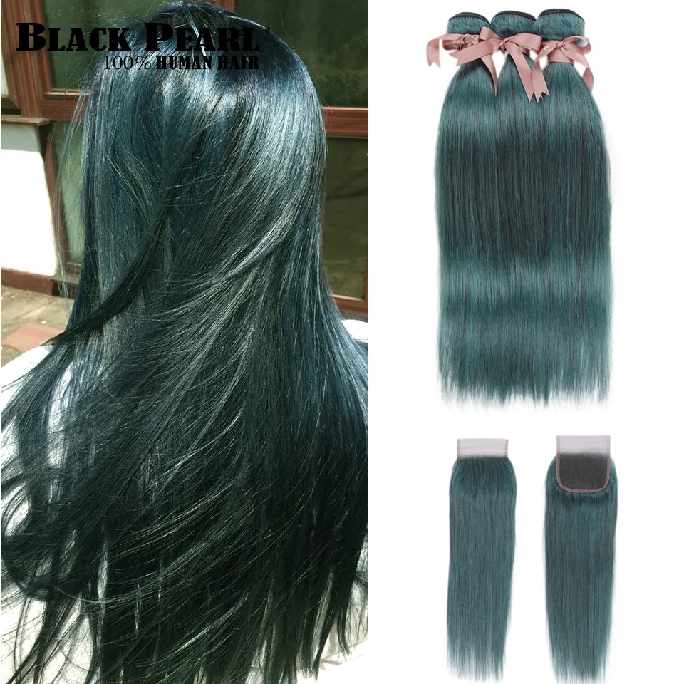 black pearl  S Blue Bundles With Closure Brazilian Straight Remy Human Hair 3 Bundles S Blue With Closure