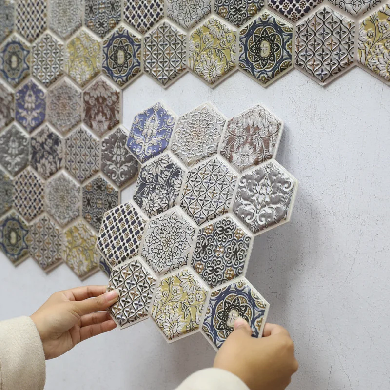 

5pcs Wall Stickers Waterproof And Flame Retardant Home Wall Decoration With European Retro Pattern Hexagon Paste Directly