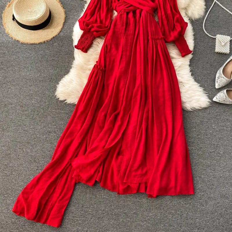 

Spring Autumn Red Long Dress Women Sexy V-Neck Lantern Long Sleeve High Waist Open Back Bandage Maxi Vestidos Female New Fashion