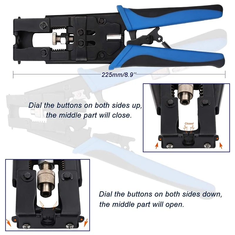 

Coax Cable Crimper Kit, Multifunctional Compression Connector Adjustable Tool Set for RG59 RG6 BNC RCA,Stripping Cutter