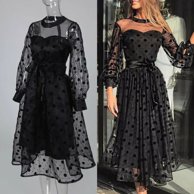 Винтажное стильное Сетчатое платье средней длины в горошек Модные Повседневные