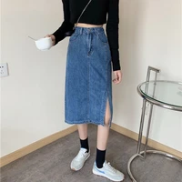 2021 new korean style retro high waist slimming split mid length denim skirt women long skirts for women loose size cotton