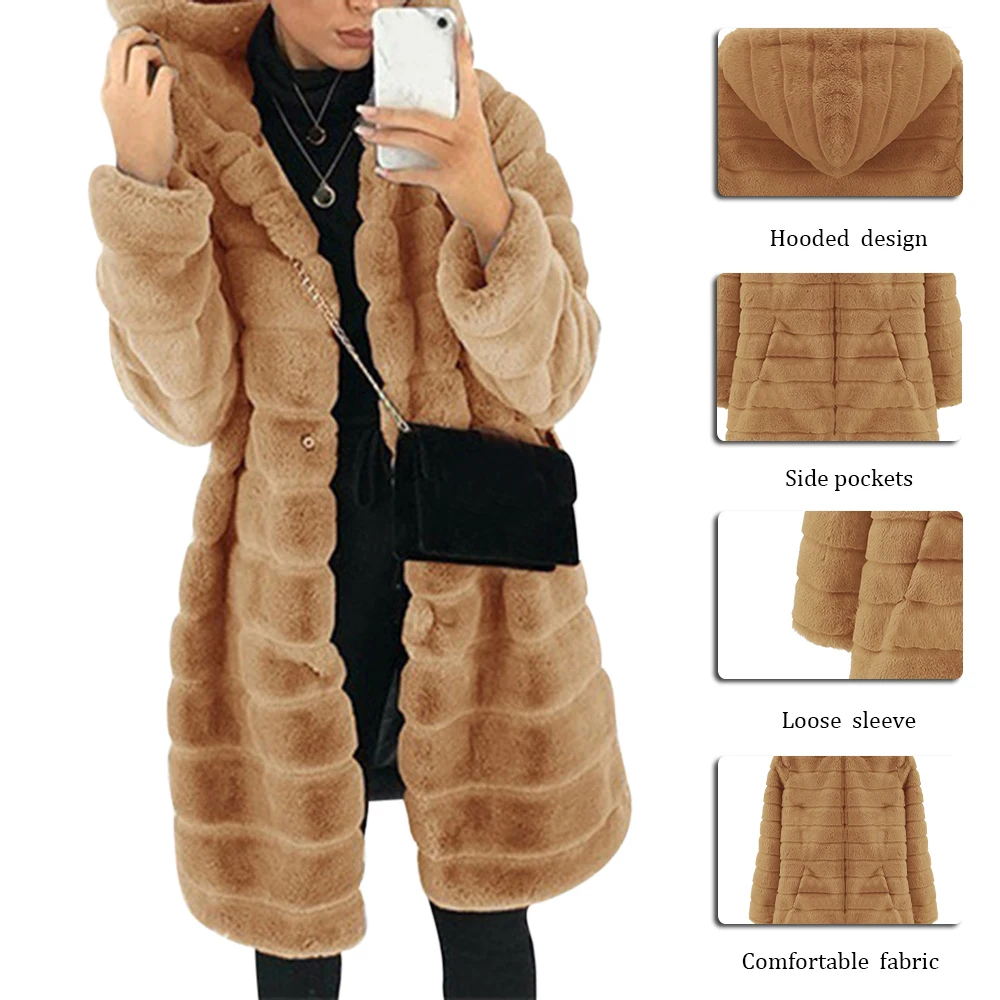 

Winter Casual Solid Teddy Coat Women Long Sleeve Fleece Long Jacket Hooded Lamb Fur Coat Outerwear Fourrure