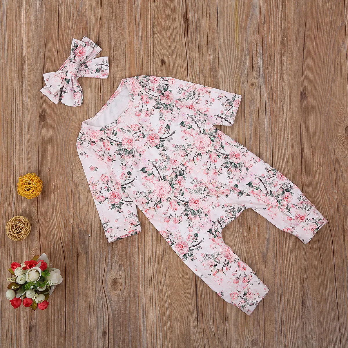

0-24M Newborn Baby Girls Clothing Floral Print Long Sleeve Romper Toddle Bodysuit Jumpsuits Headband