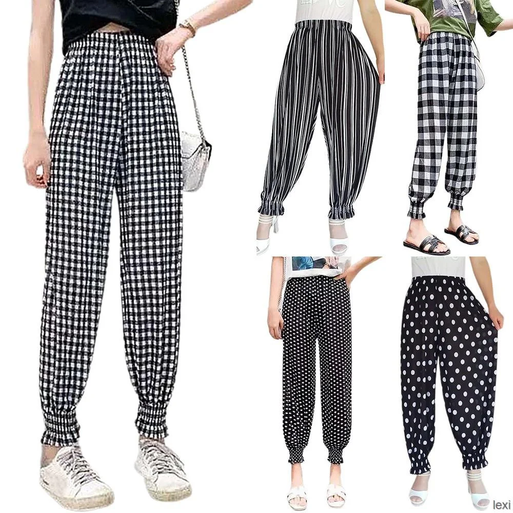 

Women Long Pants Dot Check Stripe Tie Foot High Waist Summer Casual Multi Style