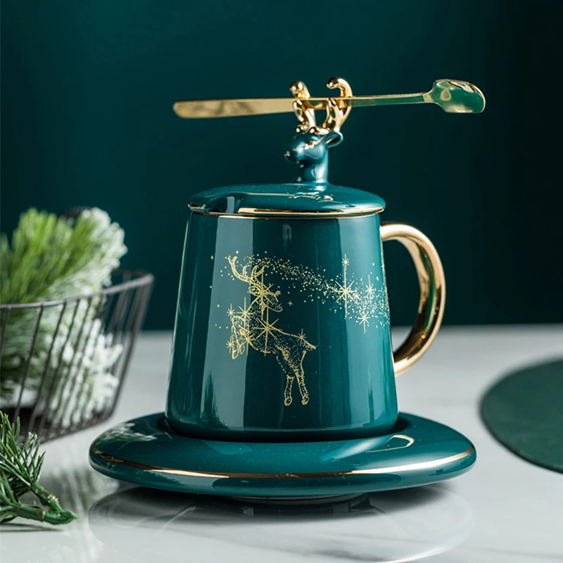 

Ceramics Coffee Cup Saucer Spoon Set Mugs European Style Water Cup With Deer Head Cover Home Bar Creative Drinkware Green Mug