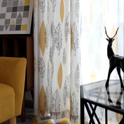 

Modern and simple Nordic fresh cotton and linen Golden leaf print curtains for living room bedroom