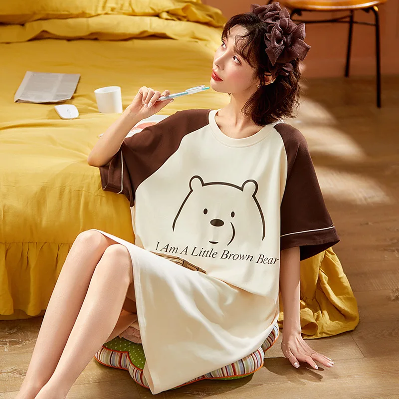 

New Soft Woman Short Sleeve Night Gown Sleepshirt Ladies Homedress Cartoon Printing Nighties for Woman Night Dress Summer