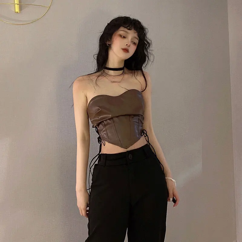 

Harajpoo Women Vests Sexy Tube Summer Korean Version Ins Handsome Locomotive Girl Punk Style Belt Waist Irregular Sling Tops