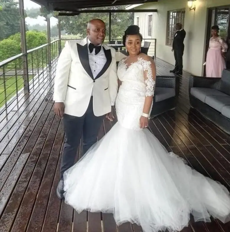

Plus Size South African Mermaid Wedding Dresses Lace Half Sleeve Floor Length Lace Applique Tulle Wedding Gowns Bridal Dresses
