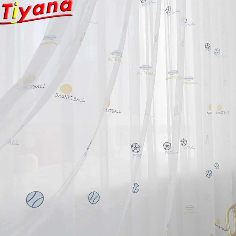 

Embroidered Football Yarn Tennis Tulle Curtains for Kid's Room White Embroidered Yarns for Boy's Room Soild White Voile Tulle#30
