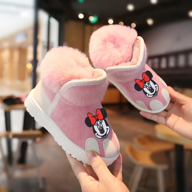 

Disney children's cartoon Minnie Mickey non-slip soft bottom and velvet warm snow boots boys and girls cotton boots cotton shoes