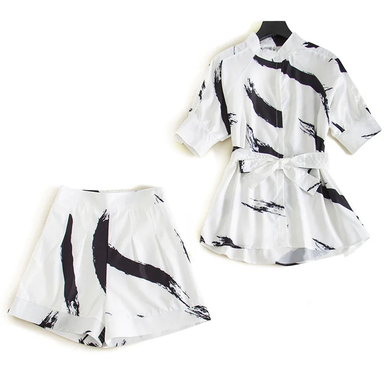 

Newest Fashion Designer Clothing Suits 2020 Spring Summer Vintage Print Lace up Shirts+Chic Wide Leg Short Set Casual 2 pc Suit