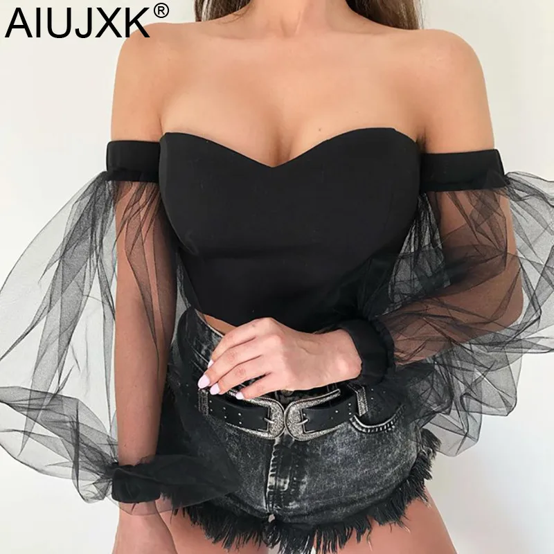AIUJXK сетчатый кроп топ с пышными рукавами Женская Осенняя коллекция 2019 года