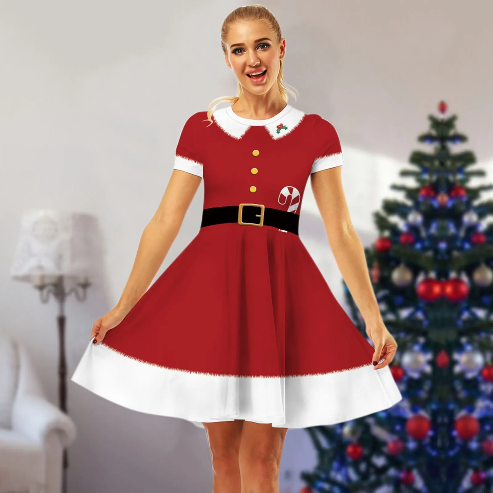 

Christmas Women Dresses Miss Santa Claus Outfits Adult Costume Short Sleeve Fashion Ladies Fancy Dress Xmas Winter Red Dress