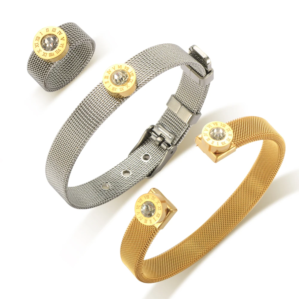 

High Quality Cubic Zirconia Bangle Roman Numerals Bracelet Crystal Mesh Finger Rings for Women Men Stainless Steel Jewelry Set