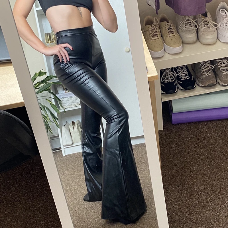 

WeiYao Solid Black Leather Flared Pants Zip Up High Waist Slim Sexy Y2K Joggers Women High Street Goth Aesthetic Trousers Punk
