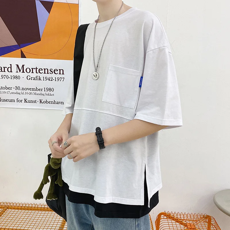 

Side Slit Fake Two Piece Solid Pockets Patchwork Short Sleeve Men T Shirt Summer Fashion Harajuku Oversized Clothes Teen Vintage