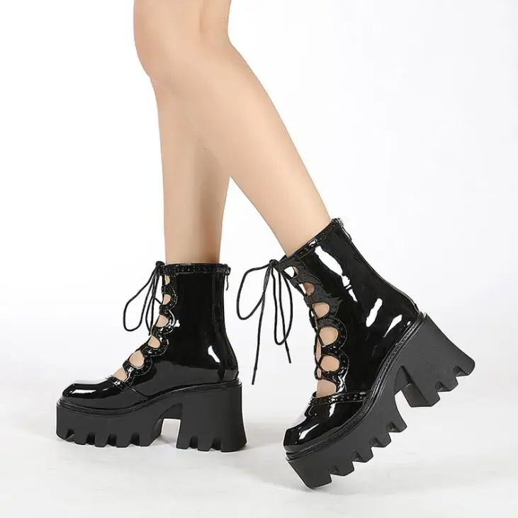 

Cross-Tied Hollow Out Gothic Style Black Shoes For Women Martin Boots demonia boots platform shoes Platform Boots High Heels