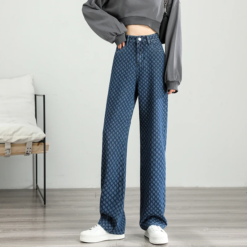 

2021 Women Jacquard Denim Wide Leg Pants Fashion Loose High Waist Jeans Blue Mop Trousers Streetwear Jean Sweatpant P265
