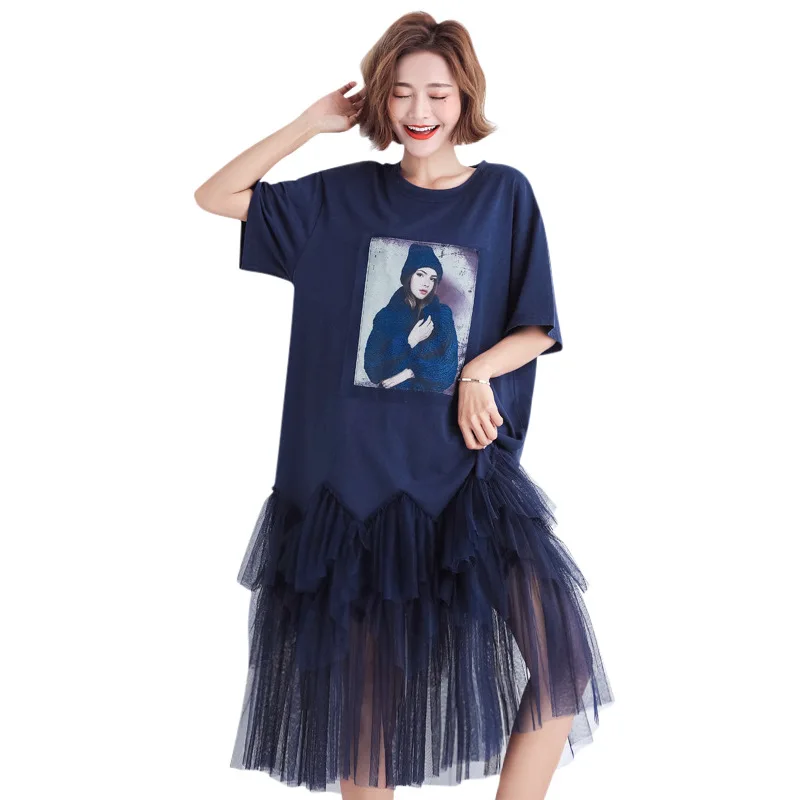 Женское платье футболка с коротким рукавом и круглым вырезом большого