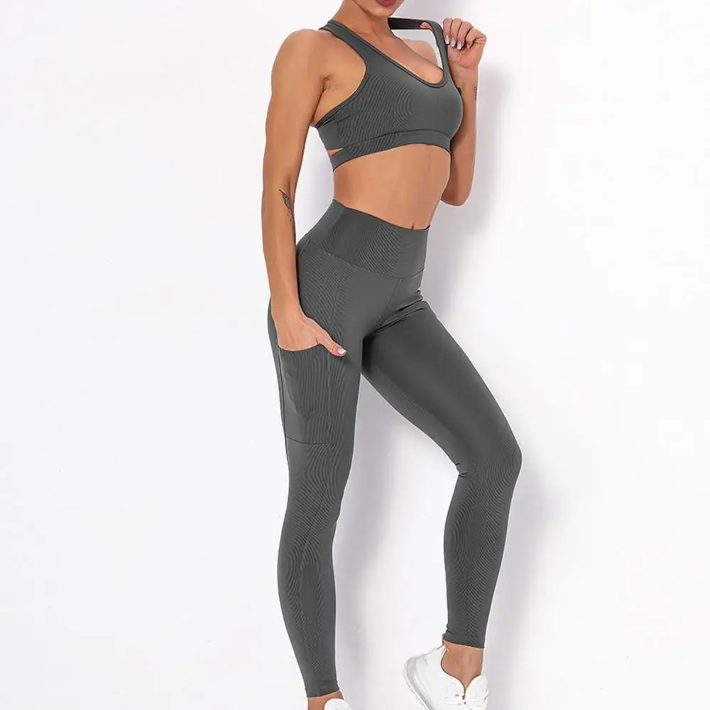 

Женский комплект для йоги из двух предметов, бесшовный укороченный топ без рукавов, леггинсы с высокой талией для фитнеса, комплект из двух ...