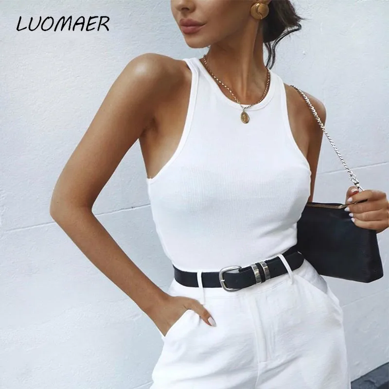 

Luomaer Ribbed Tank Summer Tops Woman Knitted Cotton Vest Club Streetstyle Basic Solid Black White Bodycon Sexy Crop Top Women