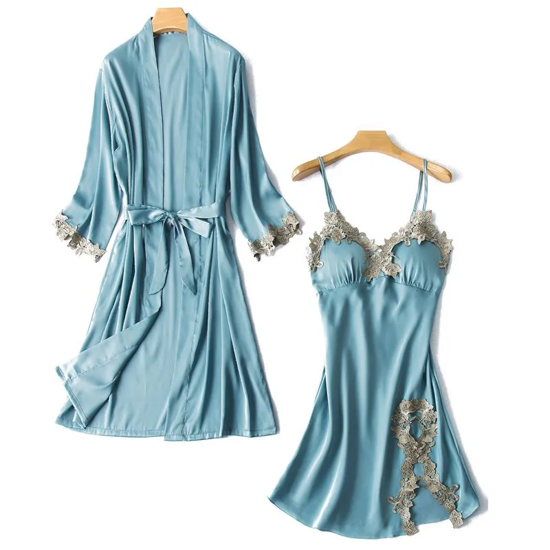 

Lace Trim Wedding Robe Set Women Sexy Sleepwear Suspender Nightgown Suit New Spring Summer Kimono Bathrobe Gown Loose Home Dress