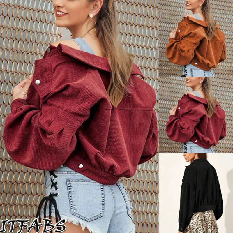 Женские вельветовые куртки Осенние однотонные пальто с лацканами свободные