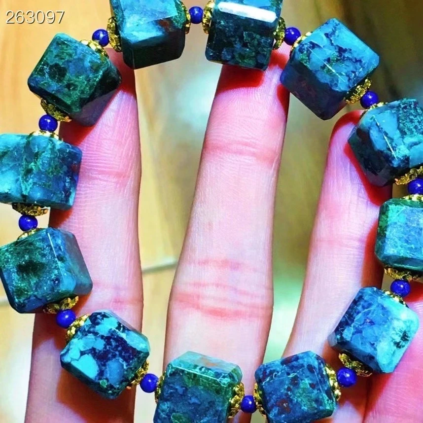 

Green Blue Natural Malachite Azurite Bracelet Cube Round Beads 11.2mm Woman Men Azurite Bracelet Genuin