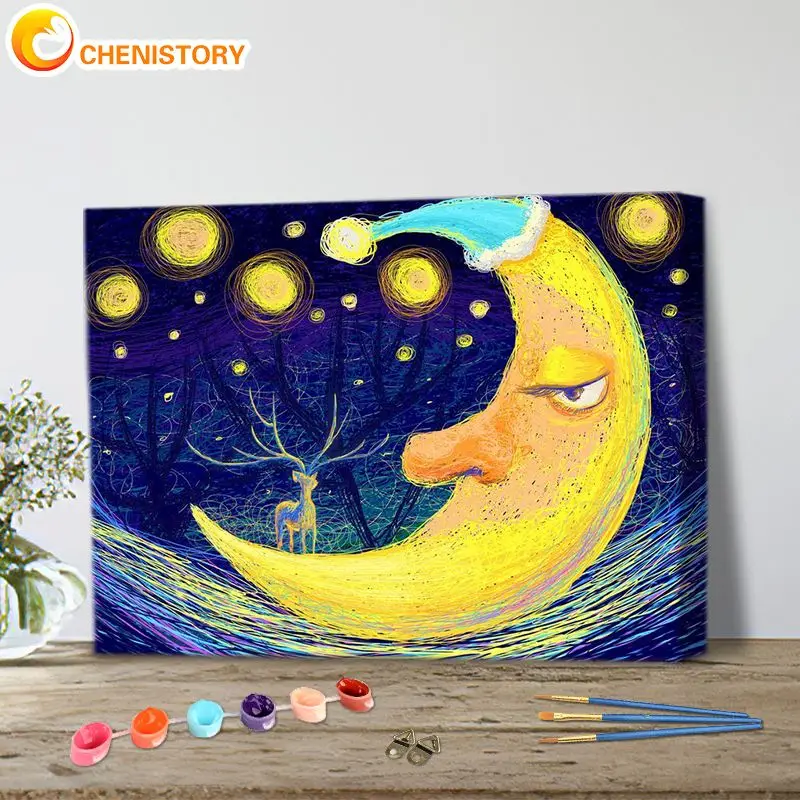 

CHENISTORY живопись маслом по номерам Moon пейзажные наборы для детей и взрослых, ручная роспись DIY, Раскраска по номерам, украшение для дома