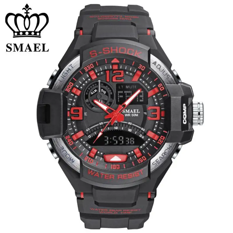 BK RD Модные брендовые часы smael мужские спортивные часы индикатор второго часового пояса аналоговые цифровые кварцевые часы 5ATM водонепроницаемые наружные военные часы мужские - Цвет: BK RD