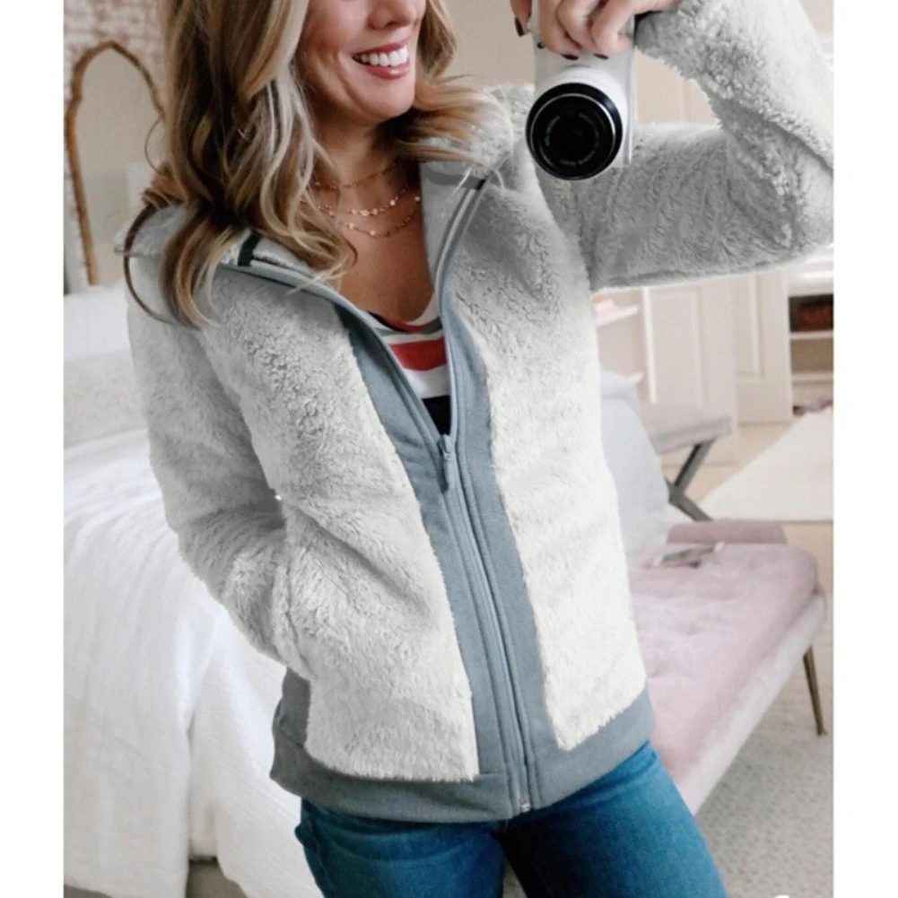 Модная женская куртка зимняя плюшевая с отворотом длинным рукавом теплая на