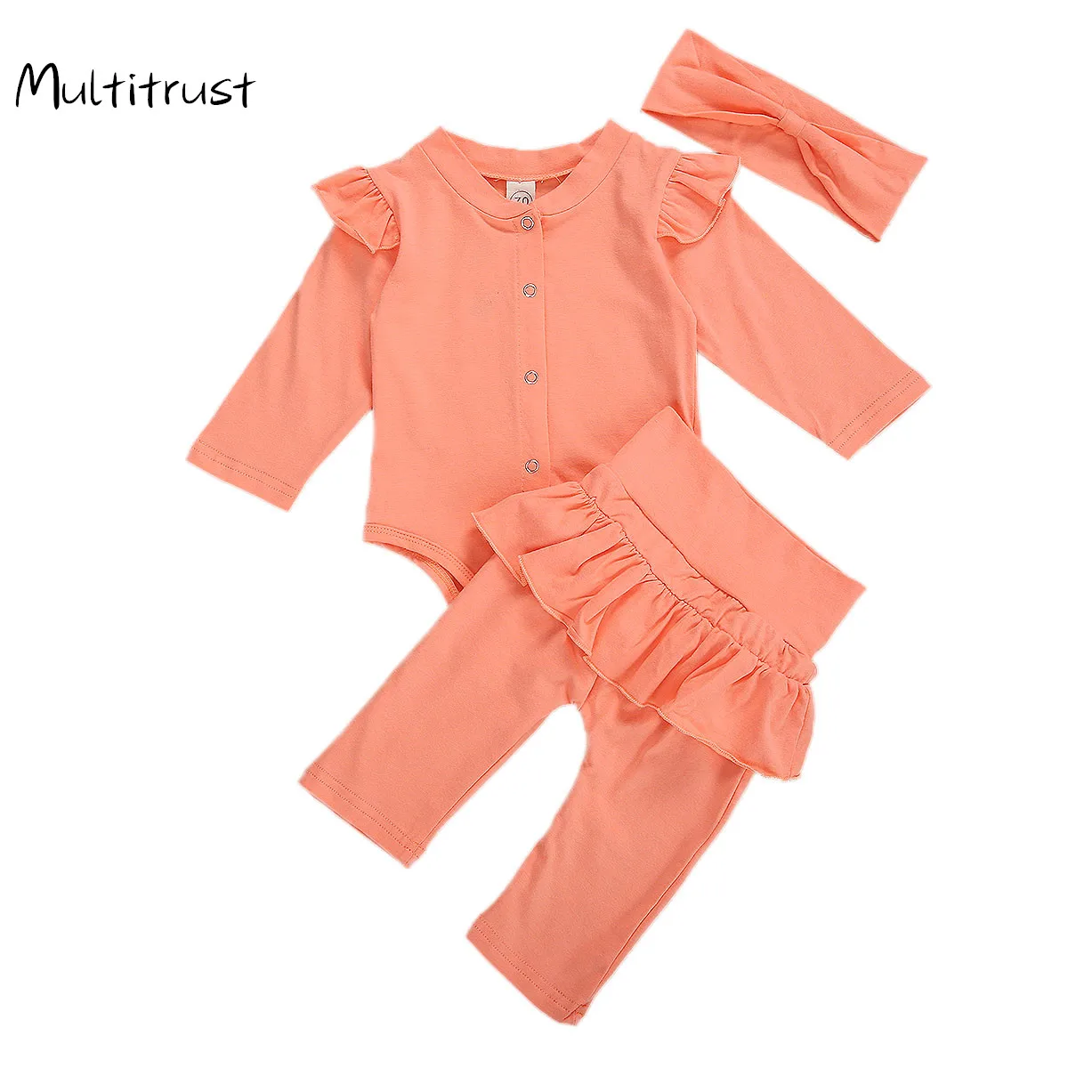 

Toddler Baby Girl Solid Clothes Ruffle Long Sleeve Button Tops Elastic Waist Pants Headband 3Pcs Outfit Sets