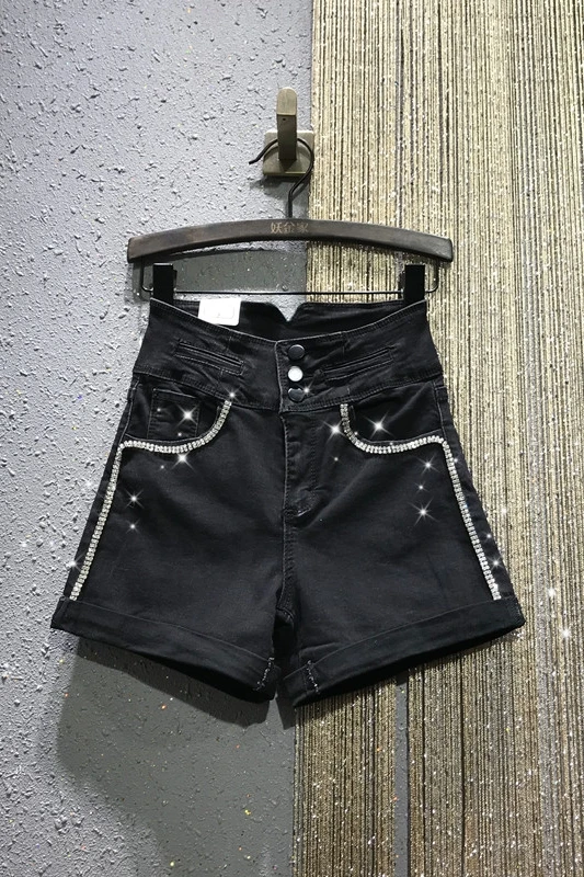

Heavy Industry Rhinestone Shorts for Women 2021 Spring Summer New Loose A- Line Wide Leg Shorts Woman Jean Shorts Lady Hot Pants