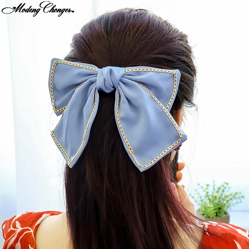 

1PC Satin Fabric Ponytail Hairclips Inlaid Metal Chain Large Barrette Bows For Woman Girls Hairpin Headwear Hair Accessories Hot