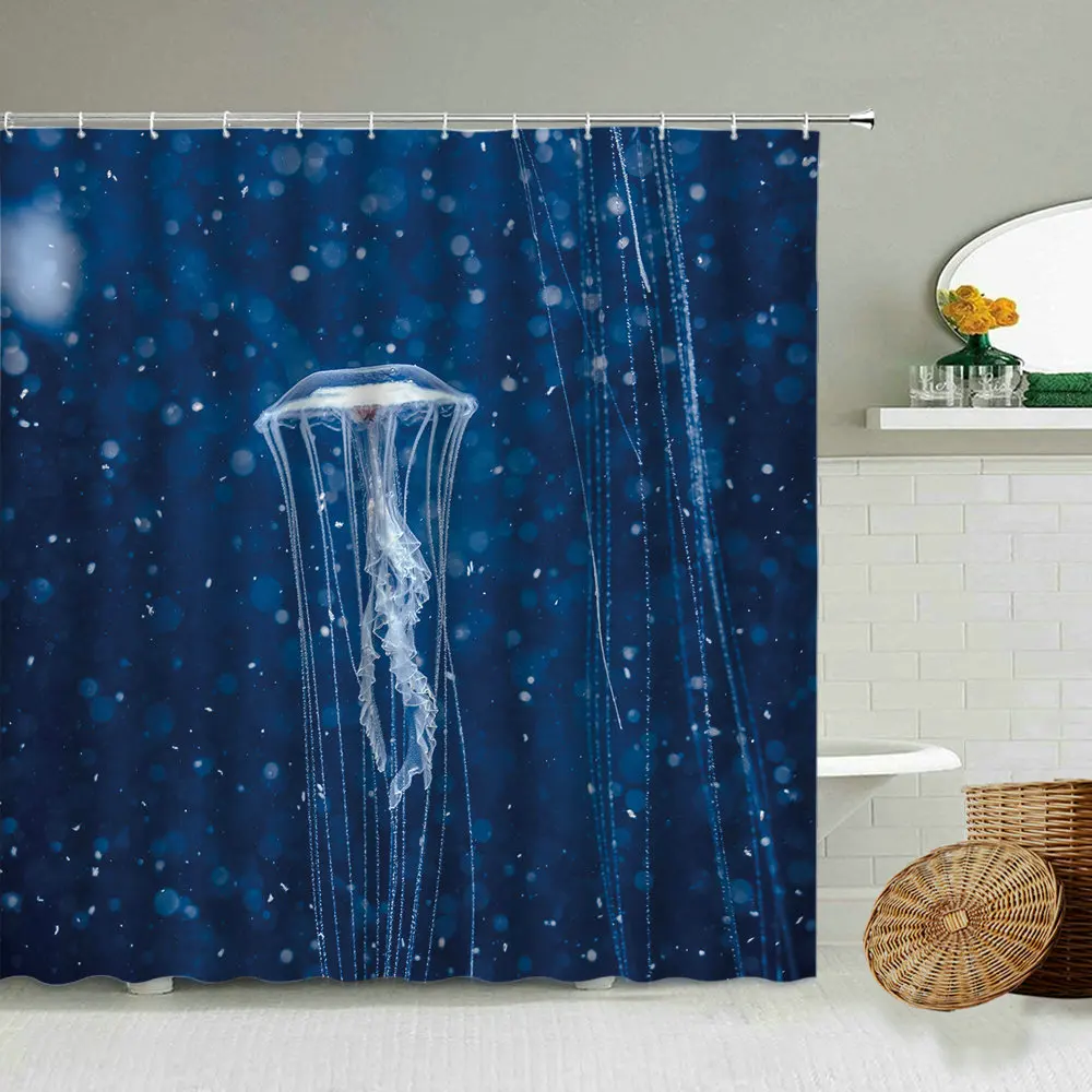 

Marine Life White Jellyfish Shower Curtain Simple Style Bathroom Wall Home Decoration With Hook Waterproof Polyester Screen Set
