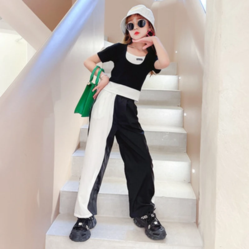 

Tracksuit for Teenage Kids Girls Performance Clothing Suit Summer Fashion Stitching Top + Loose Pants Two-piece Suit 13 14 Year