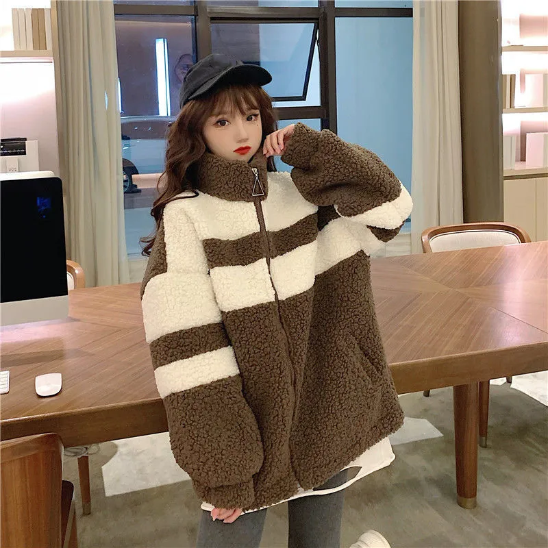Lamb Wool Coat Women Winter Korean Version Of Thin Sweater Plus Velvet Thickening Contrast Color Wild Lazy Style Fried Street To |