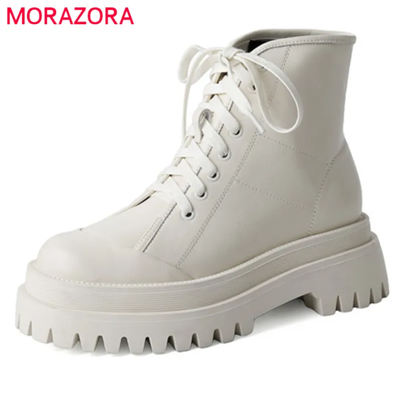 

MORAZORA 2022 Beige Genuine Leather Shoes Women Boots Comfortable Flat Platform Shoes Lace Up Simple Ankle Boots Female