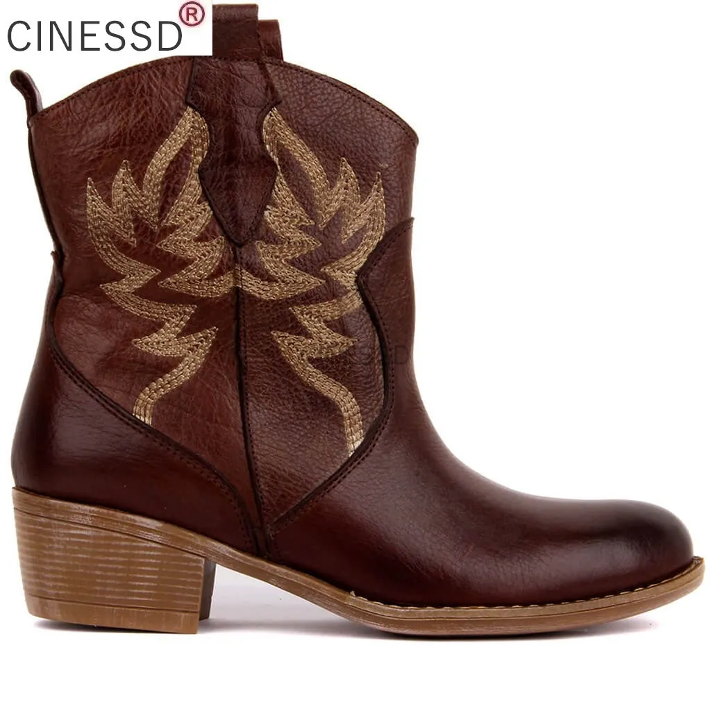 

CINESSD PU Embroidered Women Boots Ankle Boots Motorcycle Boots Female Autumn Winter Shoes Woman Punk Motorcycle Boots