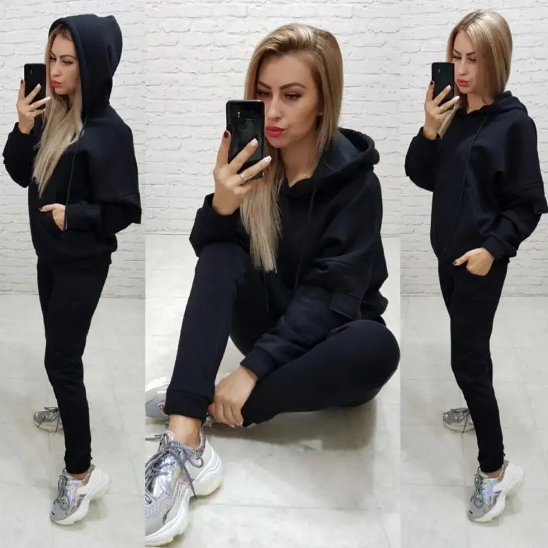 

New Winter Hoodie Sweatsuits For Women Two Piece Outfits Fleece Sweatshirts Sweatpants Jogging Tracksuit Pants Suits Streetwear