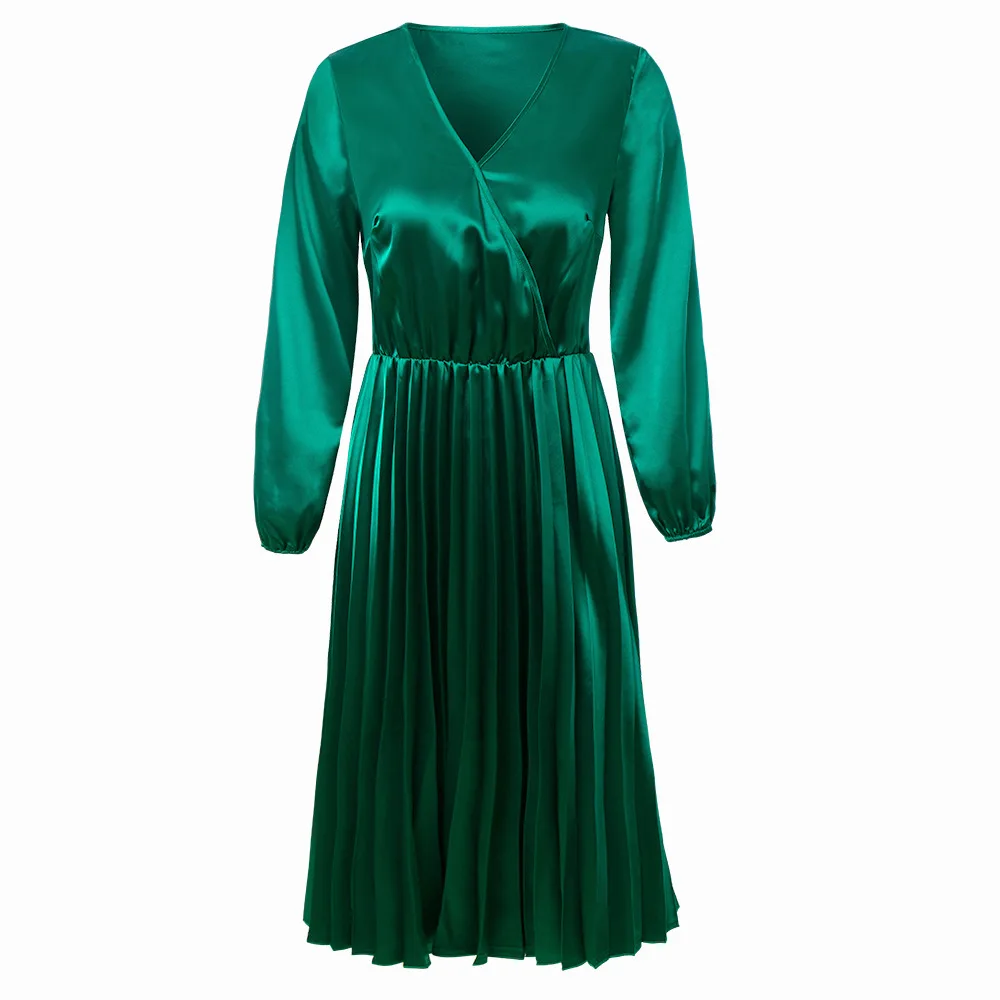 

HigH Quality V Neck Long Sleeve Satin Pleated Dress Women 2019 Autumn Fashion Fit And Flare Work Dress Mujer Sexy Vestidos