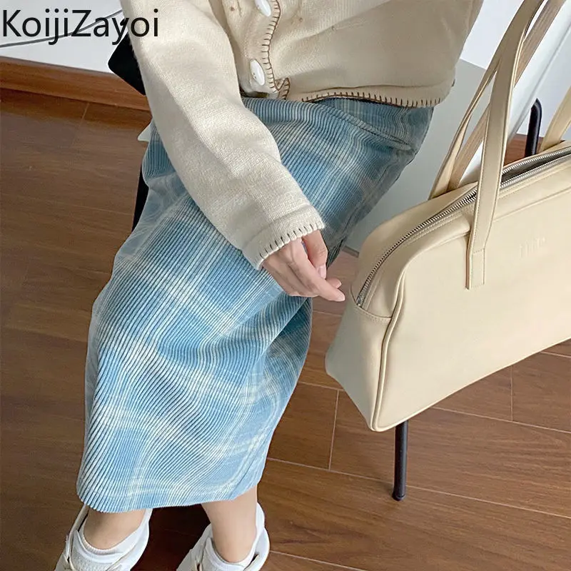 

Винтажная клетчатая длинная юбка Koijizayoi для женщин, осенне-зимняя Вельветовая юбка с высокой талией, Повседневная прямая юбка с разрезом сза...