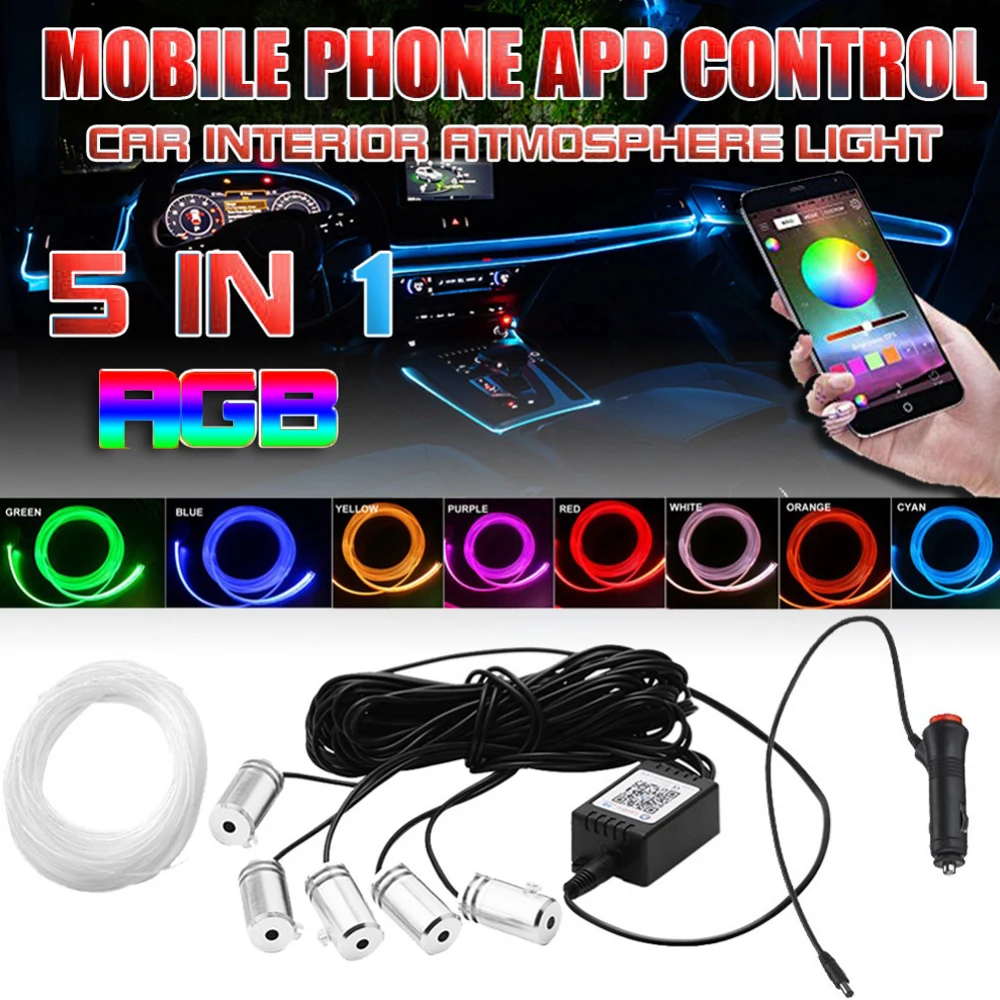 

Car Interior Atmosphere LED RGB Strip Light Dash Floor Foot RGB LED Strip Decorative Light Music Sound Control Multiple Lighting