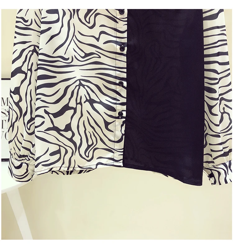 

2021 Spring Fall Vintage Hong Kong Style Women Shirt Zebra Print Contrast-Color Lady Top Chiffon Long-Sleeved Fashion Blouse