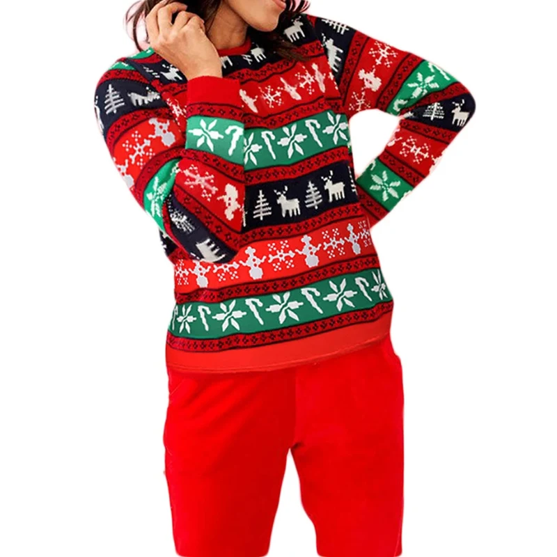 

2020 NEW Christmas Style Europe and America Long-sleeved Elk Leaf Red/green Party Holiday Compassionate Female Casual T-shirt