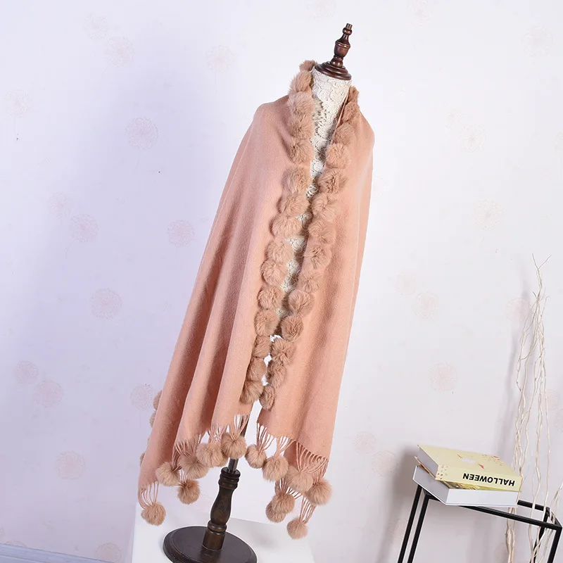 MEEFUR 2019 Новая модная женская шаль на осень-зиму шерсть с помпон из меха кролика