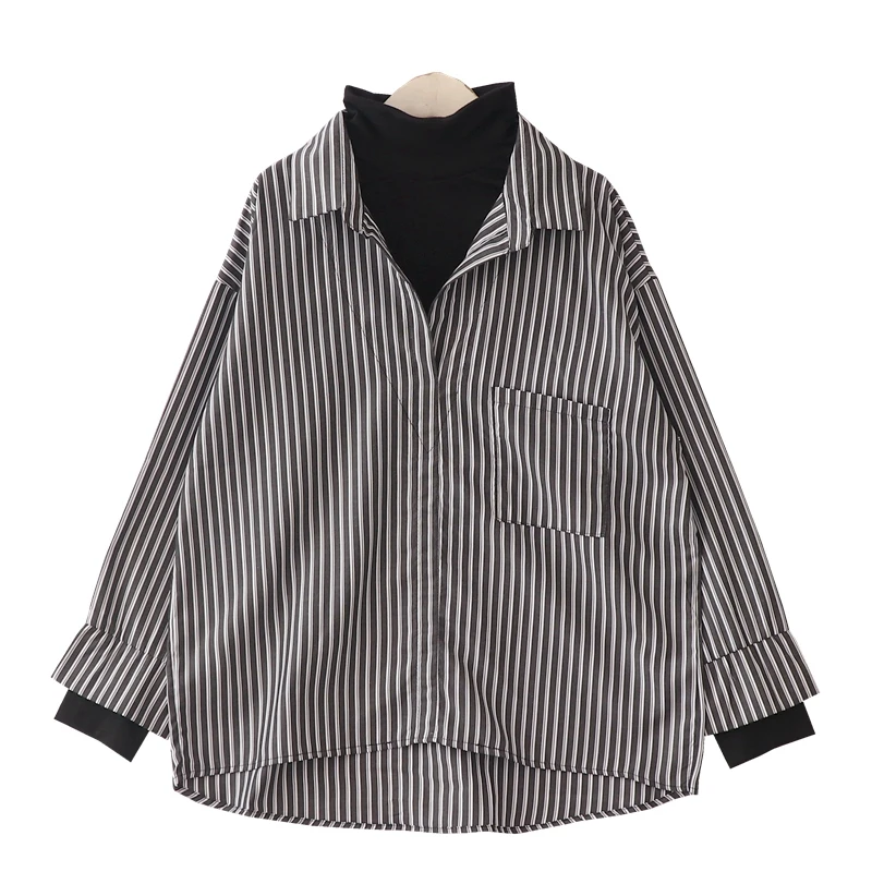 2021 летняя новая женская блузка из двух частей водолазка свободная в полоску